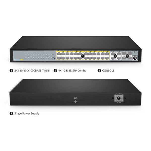 S3400-24T4FP, 24-Port Gigabit Ethernet L2+ PoE+ Switch, 24 x PoE+ Ports @370W, with 4 x 1Gb Combo Uplinks, Support ERPS - 图片 4